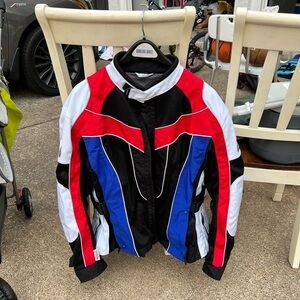 Olympia touring Bold Red, Blue, and Black Motorcycle Jacket with raincoat liner